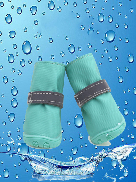 KFX-2399677 Reflective Waterproof Strappy Dog Shoes - Puppy Rain Boots in Lake Green, Blue, Red, Size 1-5