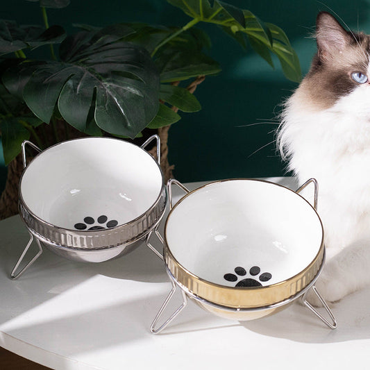 KFX-2403005 Compact Ceramic Anti-Tip Dog Bowl with Stainless Steel Base – 500ml Capacity, Multiple Patterns Available