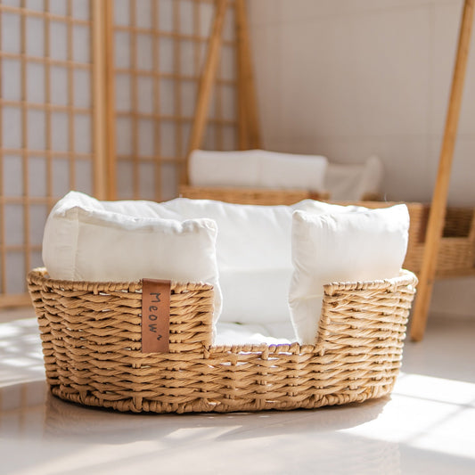 KFX-2407229 Hand-Woven Rattan Pet Nest with Cooling Fabric and Flannel Options - Small to Large Sizes Available