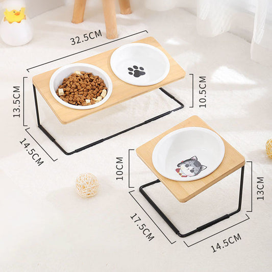 KFX-2431805 Ceramic Cat Bowl with Bamboo & Iron Rack for Chin and Neck Protection - 350ml Capacity