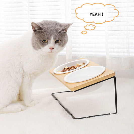 KFX-2431805 Ceramic Cat Bowl with Bamboo & Iron Rack for Chin and Neck Protection - 350ml Capacity