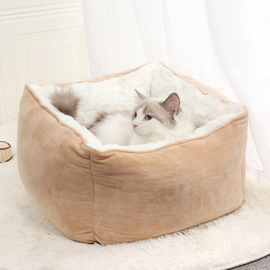 KFX-2456893 Cozy Printed Plush Cat Kennel - Square Pet Nest for Autumn and Winter, 47x47x26cm