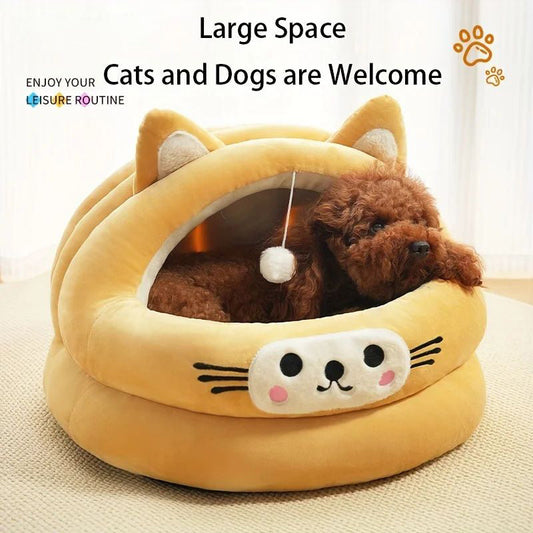 KFX-2522429 Cozy Semi-Enclosed Cat Bed with Thickened Ear Design for All Seasons