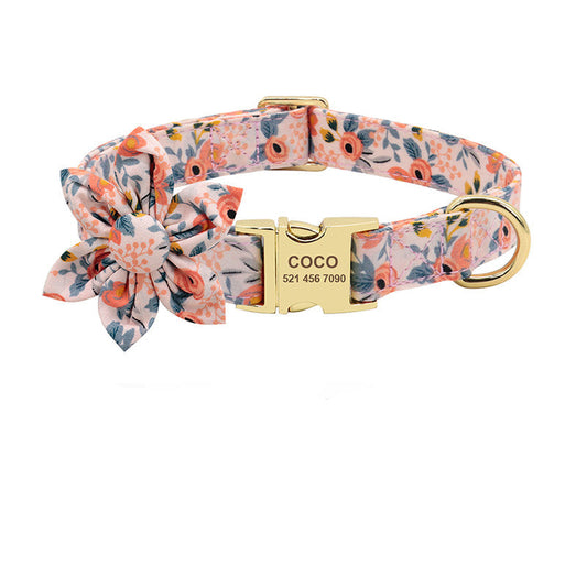 KFX-2526141 Personalized Nylon Dog Collar with Engraved ID Tag and Removable Flower Design for Pets