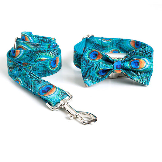 KFX-2533693 Peacock Dog Collar and Leash Set with Bow for Medium Dogs