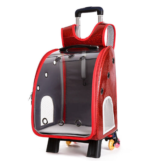KFX-2574653 Transparent Folding Pet Trolley Diaper Bag for Small Dogs and Cats, Medium Soft PU PC and Oxford Cloth