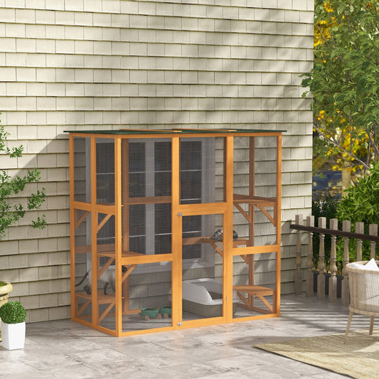 KFX-2587965 Spacious Outdoor Cat House with Six Ledges and Weather Protection, 71" L, Orange Wood Enclosure