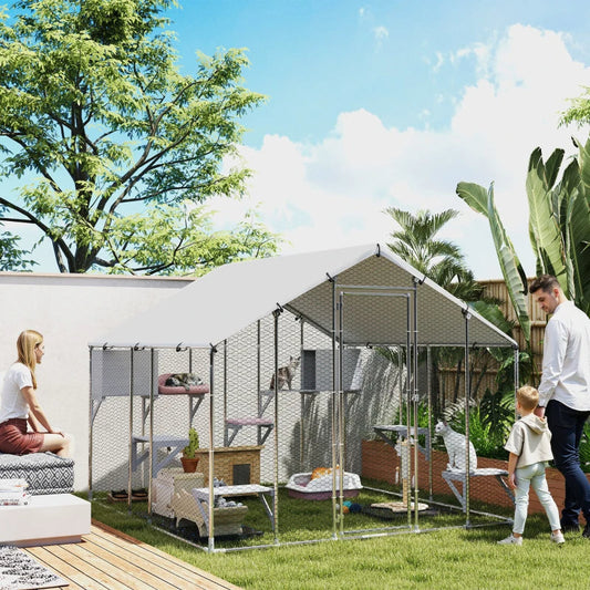 KFX-2595133 Outdoor Cat Enclosure with Waterproof Cover - Spacious 49 sq. ft, Weather-Resistant Design for Multiple Pets