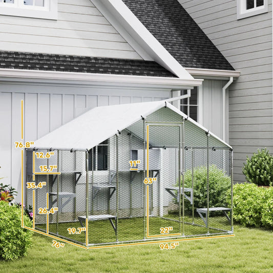 KFX-2595133 Outdoor Cat Enclosure with Waterproof Cover - Spacious 49 sq. ft, Weather-Resistant Design for Multiple Pets