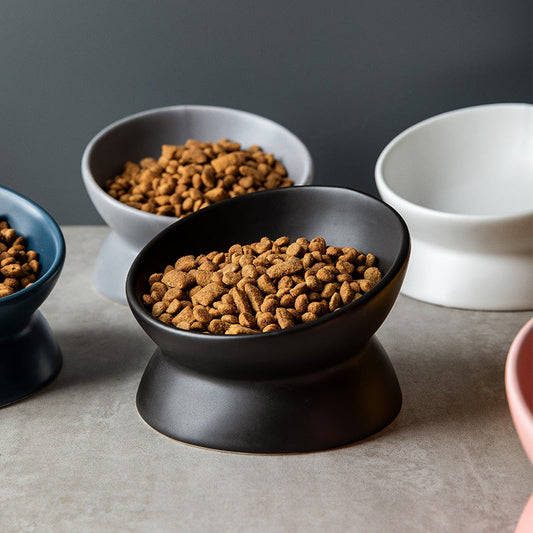 KFX-2595645 Ceramic Pet Bowl with High Foot and Oblique Mouth Design in Multiple Solid Colors