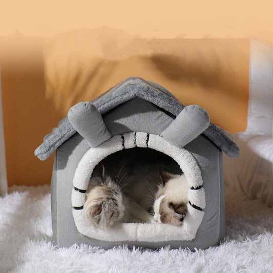 KFX-2626493 Thickened Semi-closed Pet Nest with Removable Coral Fleece Cushion for Long-eared Cats