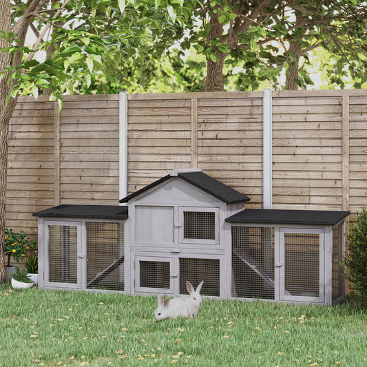 KFX-2653117 Deluxe Outdoor 2-Story Wooden Rabbit Hutch with Ladder and Run - Gray, 83" Large Cage for Small Animals