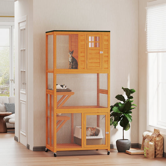 KFX-2659261 Outdoor Wooden Cat House Catio with Two Ledges and Weather Protection, 74" Tall, Orange and Green