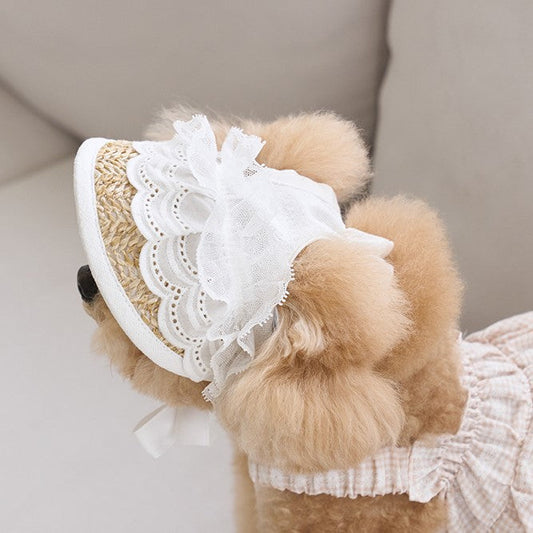 KFX-2688573 Adjustable French Straw Sun Hat for Pets with Elegant Lace and Flower Designs
