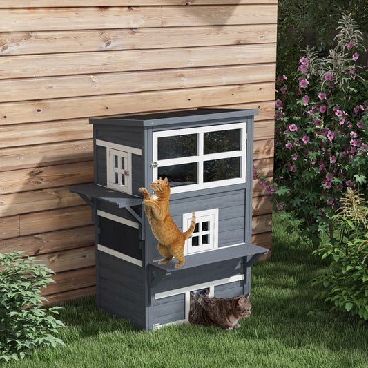 KFX-2713277 Outdoor 3-Tier Cat Shelter with Escape Door, Weather-Resistant Fir Wood Design