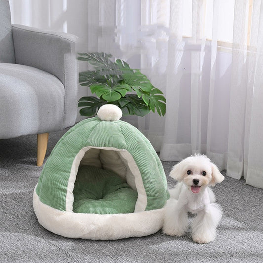 KFX-2736317 Half Enclosed Pet Bed for Dogs and Cats in Green and Gray - Available in Small and Large Sizes