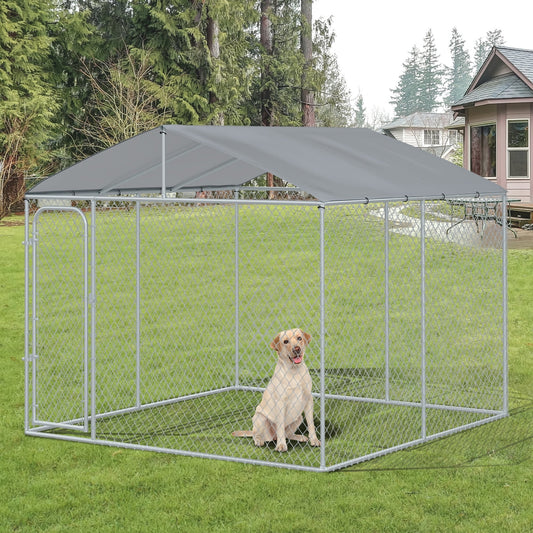 KFX-2757181 Secure Outdoor Dog Kennel with Galvanized Steel Fence and Roof, 9.8' x 9.8' x 7.7' for Large Breeds