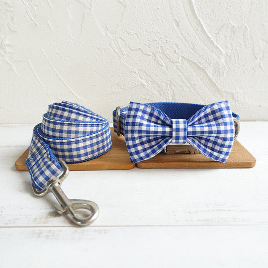 KFX-2774589 Adjustable Blue Plaid Dog Collar and Leash Set with Bow Tie - Handmade, Comfortable Fit for All Sizes