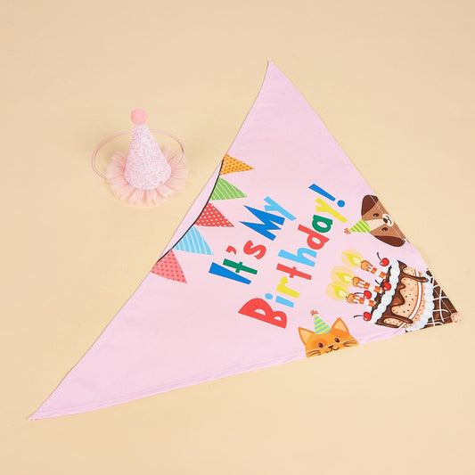 KFX-2812349 Creative Printing Dog Birthday Hat and Drool Towel Accessories Set - Triangular Binder with Cartoon Patterns in Blue and Pink