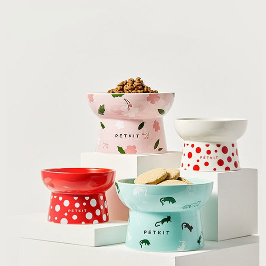 KFX-2857789 Ceramic Cat Bowl in Retro Red and Angel White, Designed to Prevent Tipping for Cats and Small Dogs