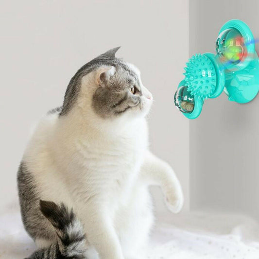KFX-2859069 Interactive Windmill Cat Toy with Suction Cup, Catnip Ball, and Toothbrush Feature for Indoor Play