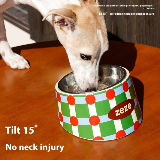 KFX-2861757 Retro Sweetheart Metal Pet Bowl with High Legs and Striped Dot Design
