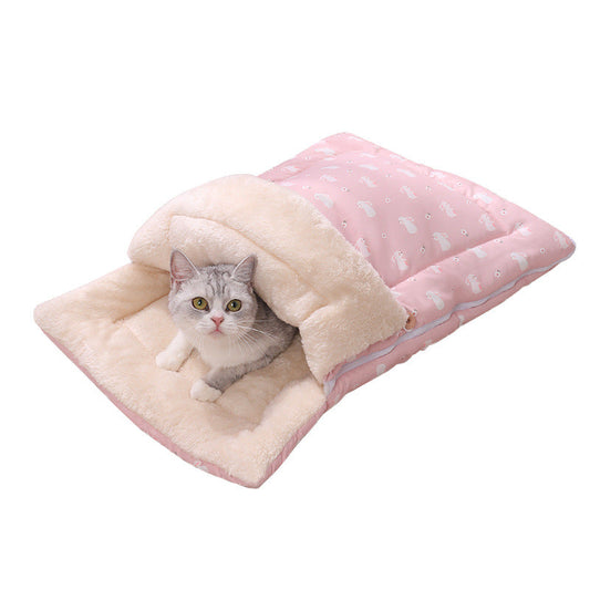KFX-2871357 Cozy Multi-Season Pet Sleeping Bag with Detachable Mat and Foldable Design for Cats and Dogs