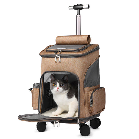 KFX-2875325 Folding Trolley Pet Backpack with Universal Wheels for Cats and Dogs, Airline Approved, Breathable Design
