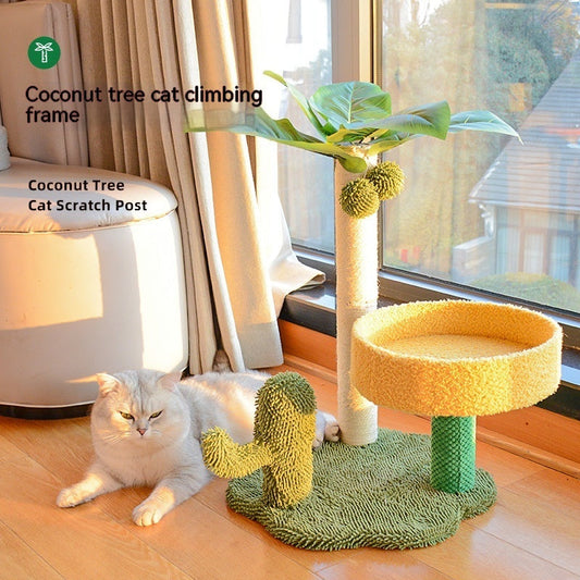 KFX-2882109 Coconut Tree Cat Climbing Frame with Nest and Scratching Rod Wooden Toy