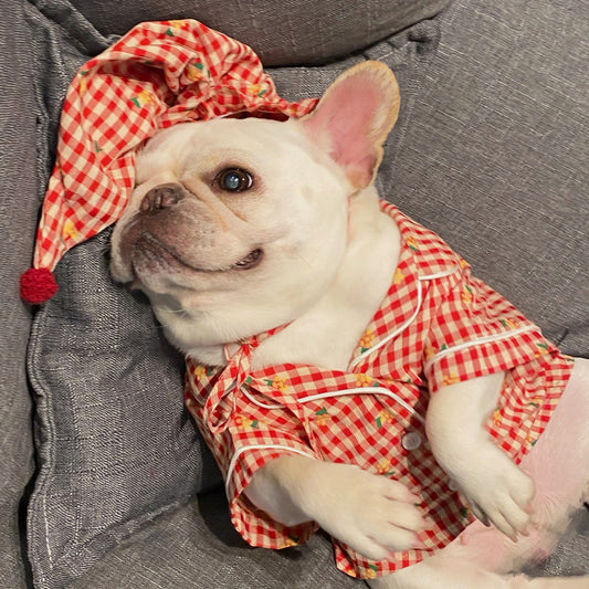 KFX-2885437 Cotton Pajamas for Dogs and Cats with Matching Hat - Casual Style in Red and Blue, Sizes S to XXL