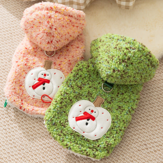 KFX-2904637 Warm Sherpa Pet Hoodie with Snowman Embroidery for Dogs and Cats – Cozy Winter Apparel in Pink and Green