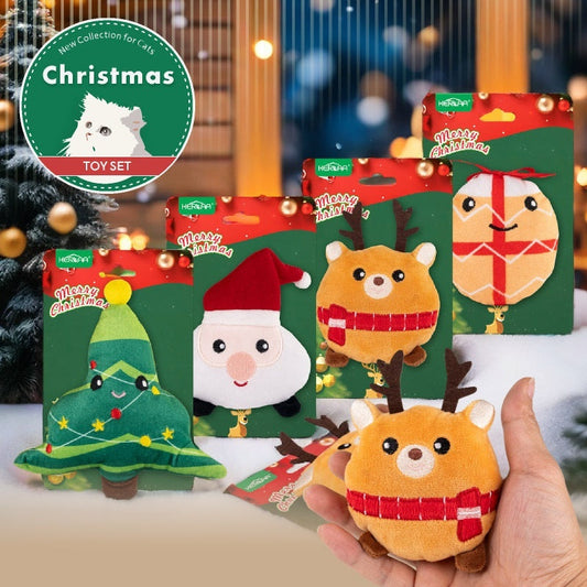 KFX-2919997 Christmas Cat Plush Toys with Catnip - Smiley Egg, Christmas Elk, Santa Claus & Christmas Tree Designs