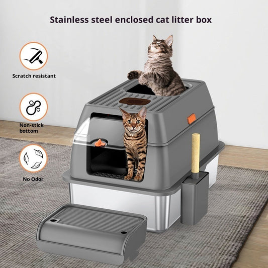 KFX-2936509 Large Anti-Odor Fully Enclosed Stainless Steel Litter Box in Light Gray, Dark Gray, and Black