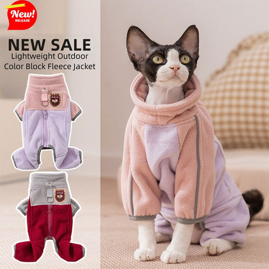 KFX-2937405 Warm and Fluffy Cat and Dog Fleece Jacket – Soft Fabric, Color Block Design, Full Zipper, Four-Legged Fit for Autumn and Winter Wear