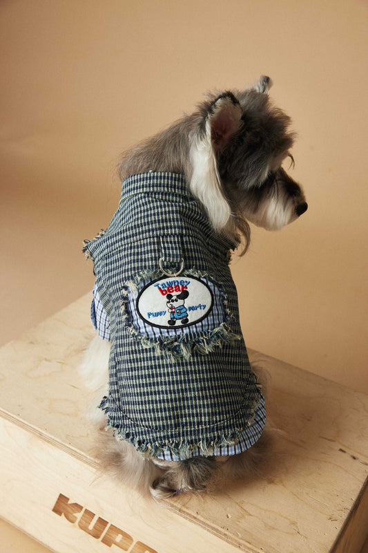 KFX-2943165 Washed Blue Plaid Sleeveless Denim Vest for Pets