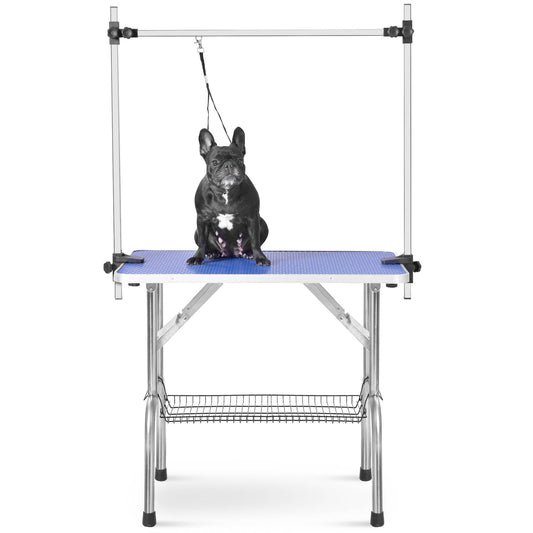 KFX-2951997 Heavy Duty Stainless Steel Folding Pet Grooming Table with Adjustable Arm and Rubber Surface