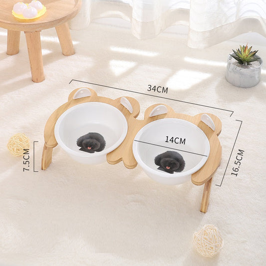 KFX-2965821 Cervical Spine Tilt Ceramic Cat Feeding Bowl with Bamboo Wood Stand - 14cm Diameter, 350ml Capacity