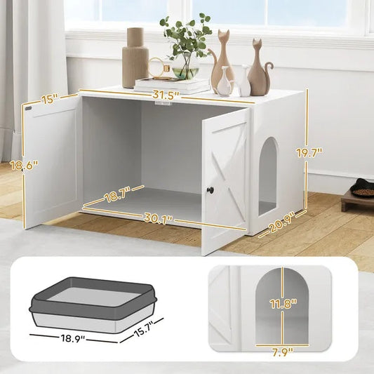 KFX-2969277 Stylish Cat Litter Box Enclosure with Barn Door and Side Access - Modern Furniture Solution
