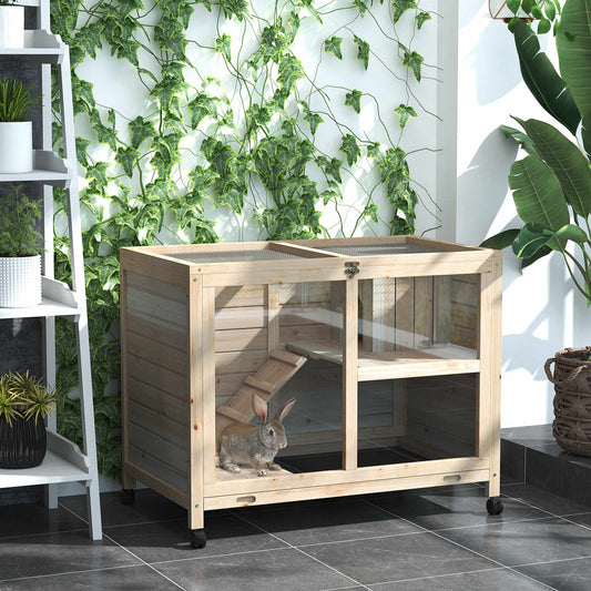 KFX-2975037 Wooden Rabbit Hutch on Wheels, Waterproof Small Bunny Cage with Openable Roof, Removable Tray, Ideal for Indoor/Outdoor Use