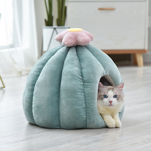 KFX-2975421 Cactus-Themed Cozy Pet Bed for Small to Medium Dogs and Cats, Warm PP Cotton and Crystal Velvet