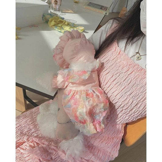KFX-2983485 Lemon Yellow, Light Shrimp Powder & Lavender Mesh Dog Skirt with Matching Hat