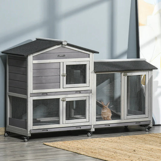 KFX-2986557 Mobile Wooden Rabbit Hutch with Wheels, Slide-Out Tray, and Ramp for Easy Access and Cleaning