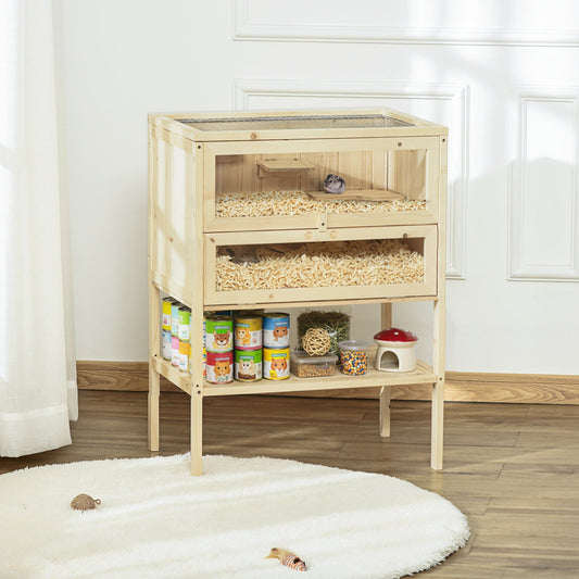 KFX-3013565 3-Tier Wooden Hamster Cage with Openable Top and Front Door, Natural Fir Wood Small Animal Hutch