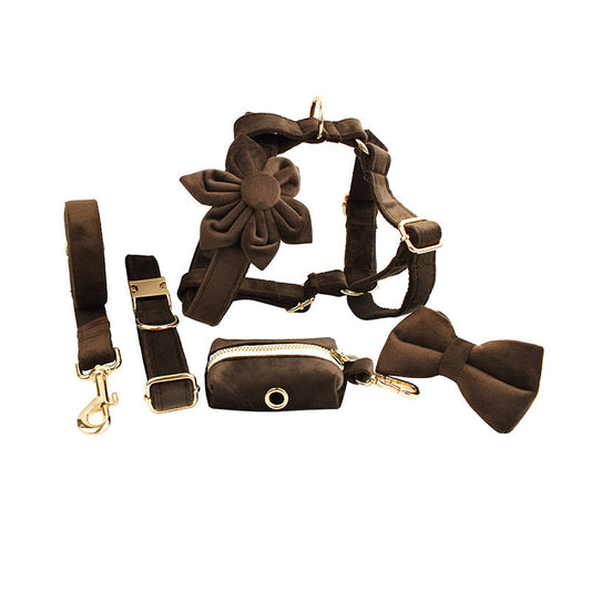KFX-3032637 Velvet Fabric Dog Collar with Leash, Bow, Flower, Vest, and Poop Bag