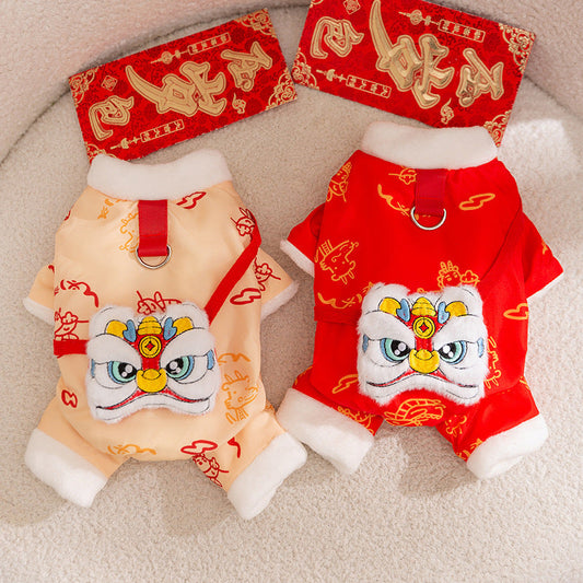 KFX-3134013 Lunar New Year Lion Dance Pet Jumpsuit with Faux Fur Trim and Embroidery