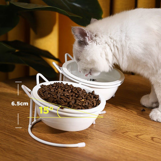 KFX-3152701 Ceramic Cat Food Bowl for Cervical Spine Protection - Automatic Feeding, Single & Double Bowl Options