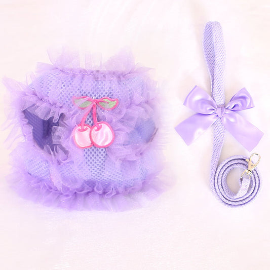 KFX-3188541 Cute Lace Chest Back Dog Leash – Breathable Mesh in Pink and Purple, Multiple Sizes Available