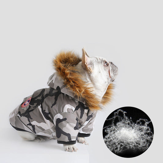 KFX-3194685 Dog Down Jacket in White Camouflage, Milky White, Dark Blue - Sizes M, L, XL, FB, XXL, XXXL for All Breeds