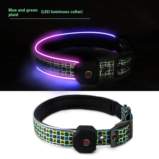 KFX-3202749 Luminous USB Charging Reflective Stripe Dog Collar in Blue and Green Plaid