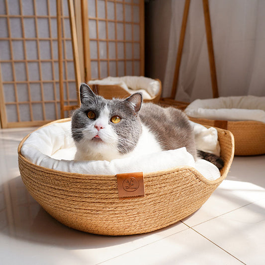 KFX-3249085 Rattan Cat Bed with Detachable Double-Sided Velvet and Ice Pad Options, Sizes S, M, L